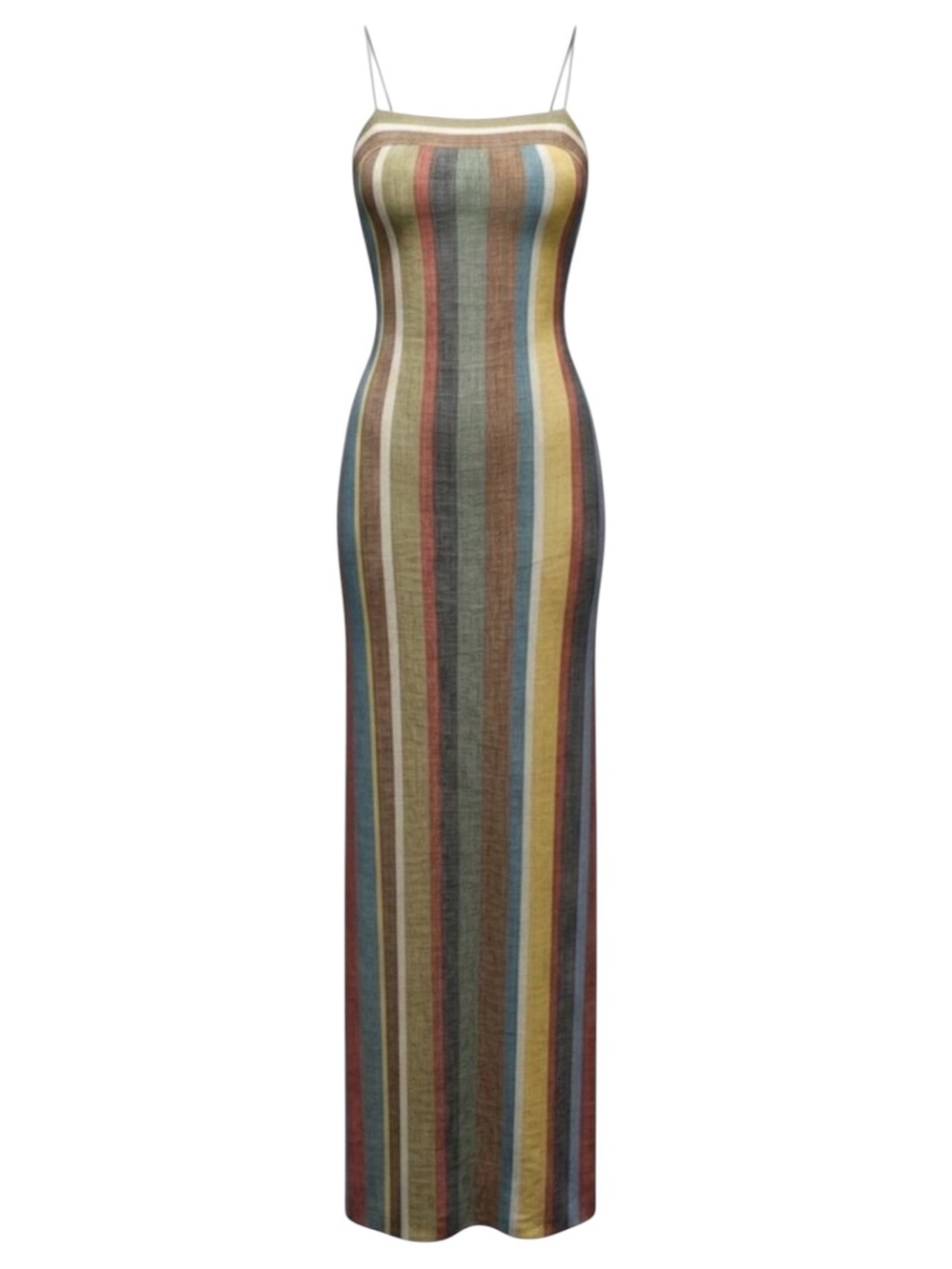 Staud Laura Linen Vertical Stripe Cami Square Neck Maxi Column Dress, Size S